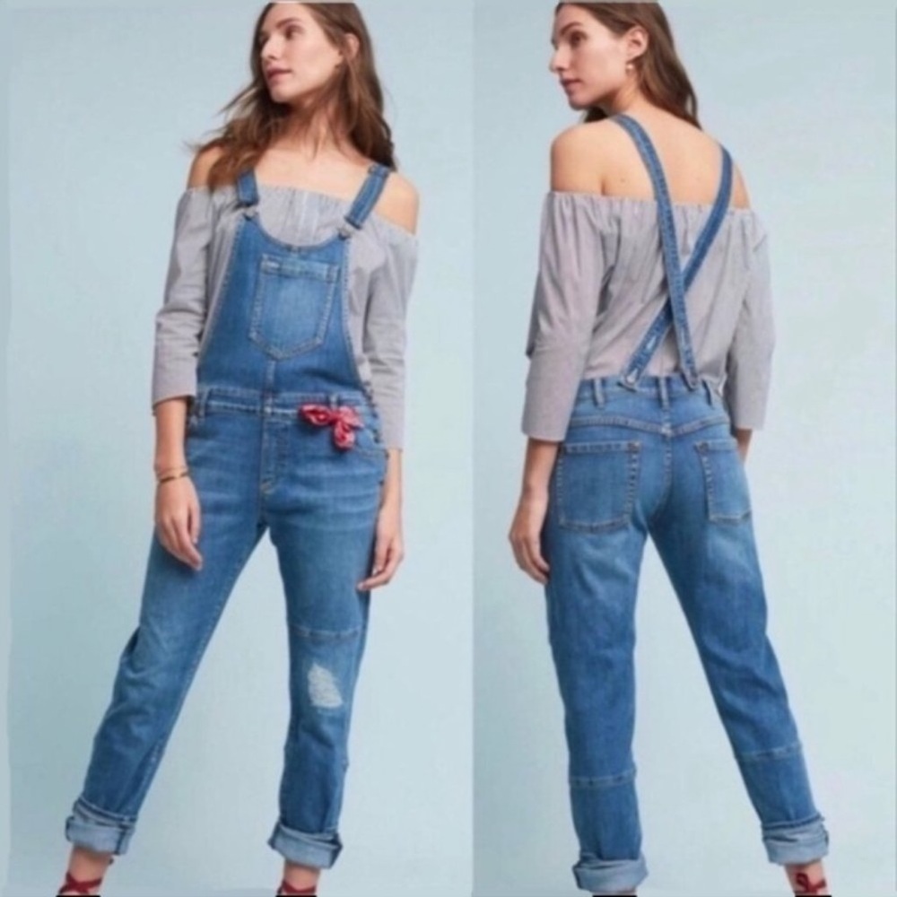 Pilcro and the Letterpress Blue Denim Overalls with Red Bandana Detail